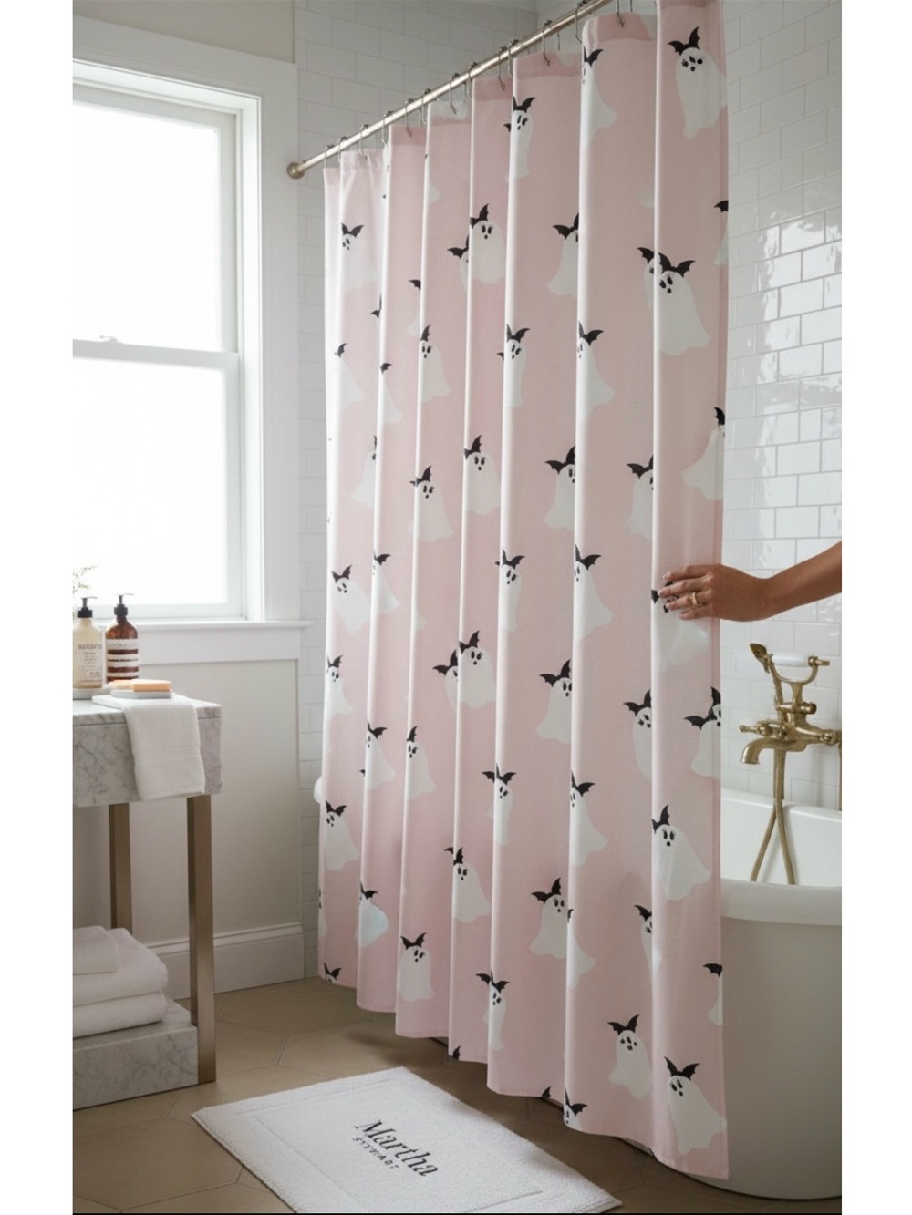 NWT Martha Stewart Ghost Shower Curtain Halloween 72”x72” in Light Pink